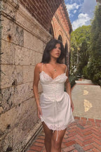 V Neck Lace Patchwork Mini Dress with Spaghetti Straps