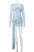 Pleated O-Neck Long Sleeve Mini Dress with See-Through Detail