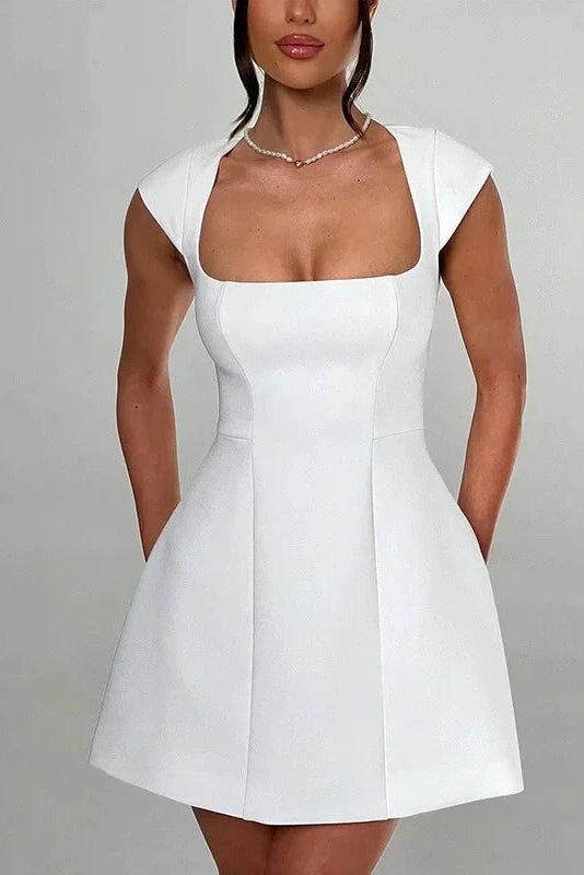 A-Line Mini Dress with Square Collar and Short Sleeves