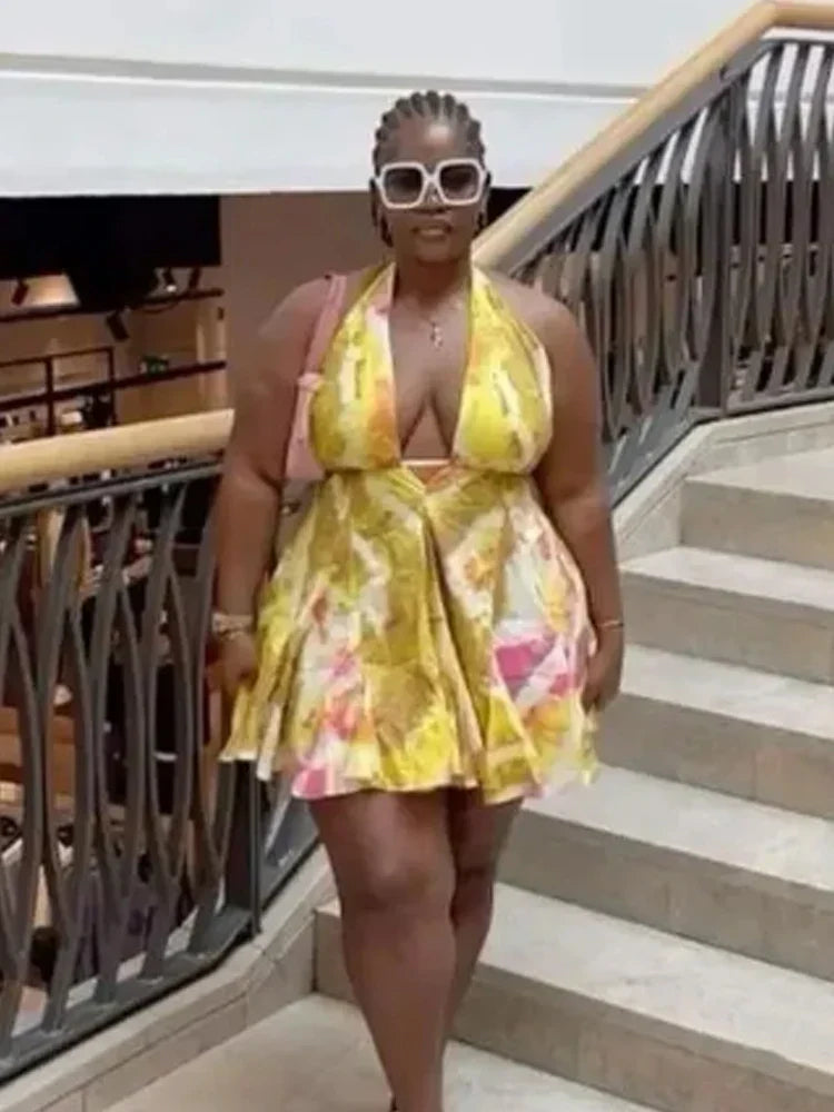 Tie-Dye Print Halter Deep V-Neck Flared Mini Dress