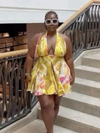 Tie-Dye Print Halter Deep V-Neck Flared Mini Dress