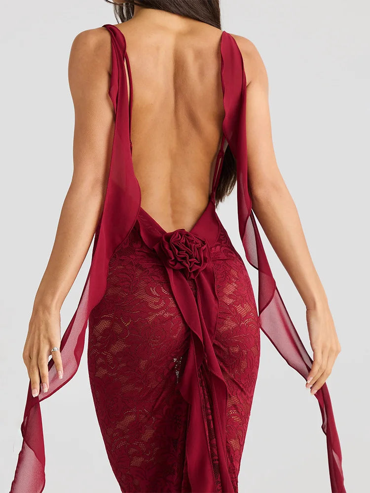 Lace Backless 3D Rosette Ruffle Streamer Midi Dress