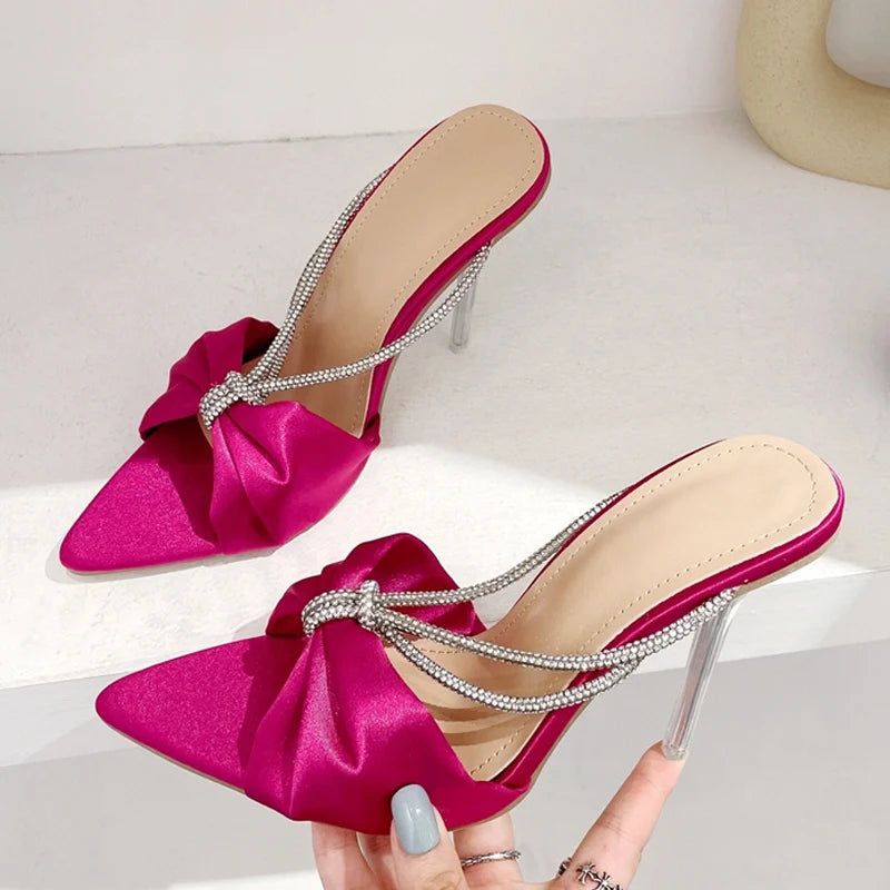 Green Silk Crystal Mule High Heels Slippers Sandals