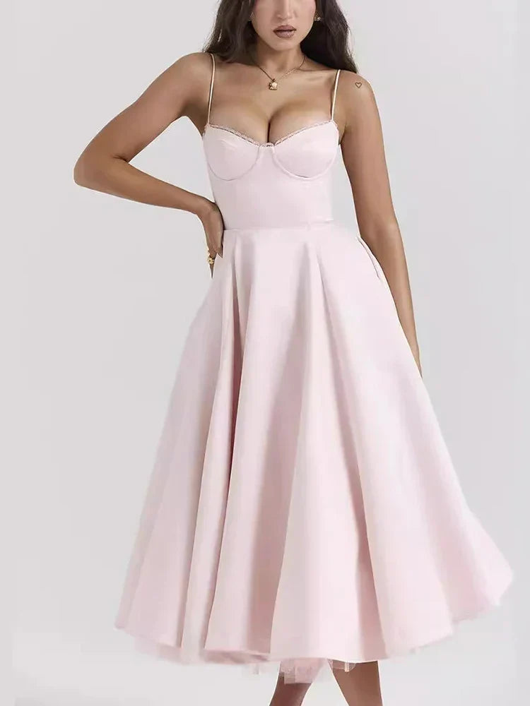 Lace Trim Corset Spaghetti Strap Tulle Underlay Full Skirt Midi Dress