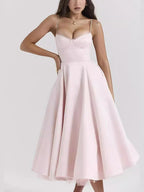 Lace Trim Corset Spaghetti Strap Tulle Underlay Full Skirt Midi Dress
