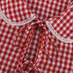 Red Plaid Wide Leg Pants Sets Women Long Sleeve Lace-up Blouse+Elastic Waist Trouser Chic Casual Lace Trim 2 Piece Set 2025 New