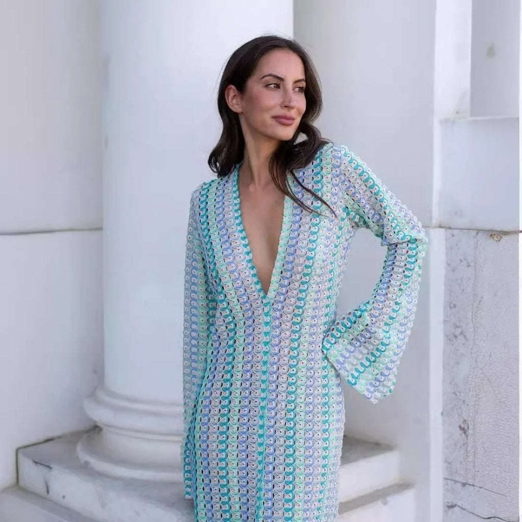 Crochet Stripe Bell Sleeve Plunging V-Neck Maxi Dress