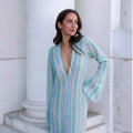 Crochet Stripe Bell Sleeve Plunging V-Neck Maxi Dress