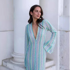 Crochet Stripe Bell Sleeve Plunging V-Neck Maxi Dress
