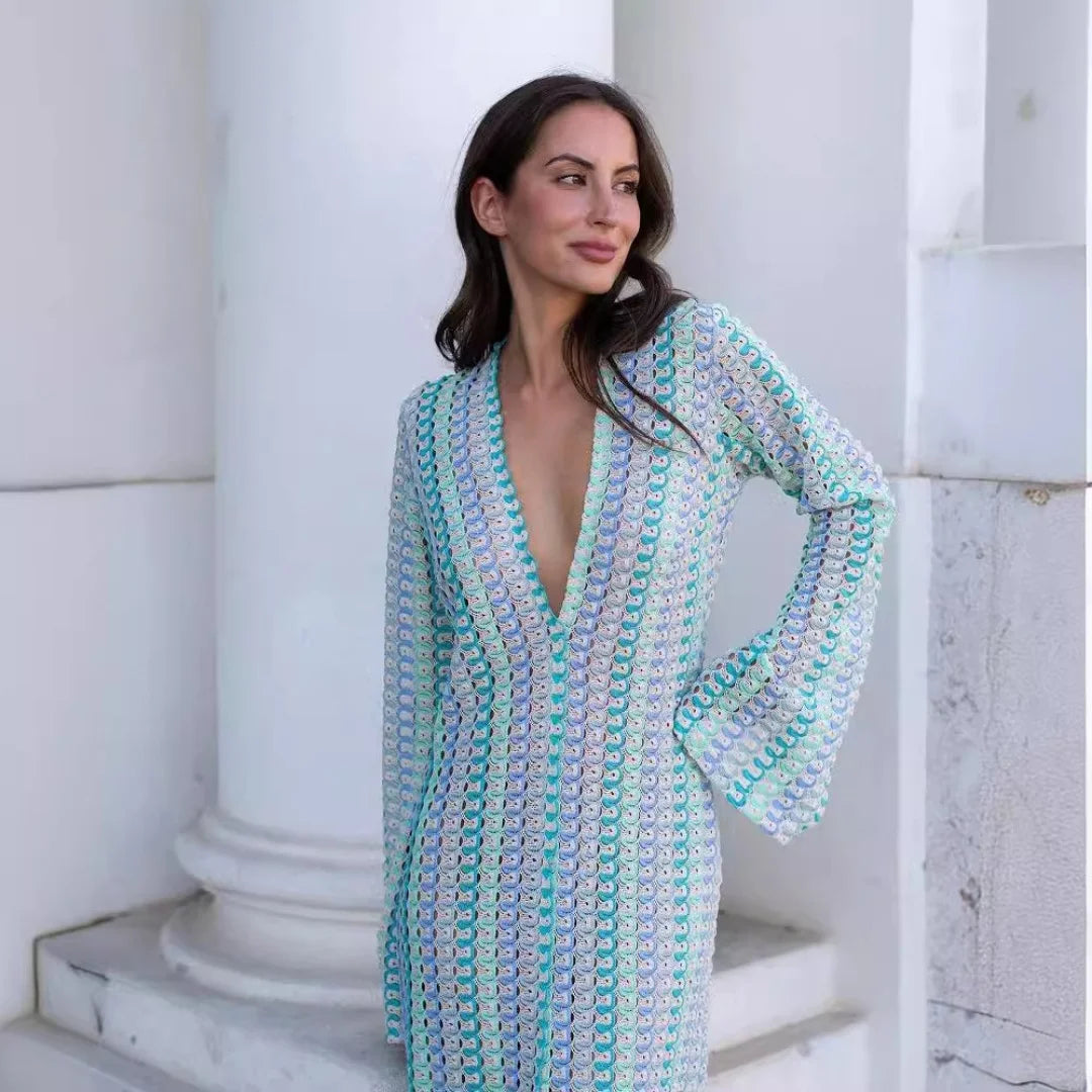 Crochet Stripe Bell Sleeve Plunging V-Neck Maxi Dress