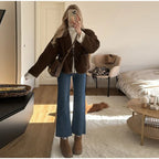 Brown Quilted Padded Suede Coat Women Long Sleeve Lace Up Cropped Jacket Autumn Winter Casual Lightweight New In Outerwears