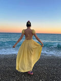 Summer Vacation Elegant Backless Square Neck Long Dress Sexy Lace Up High Waist Slim Dresses Lady Holiday Beachwear