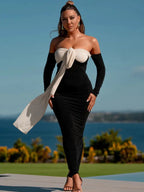 Off Shoulder Bow Detail Long Sleeve Front Sash Bodycon Midi Dress