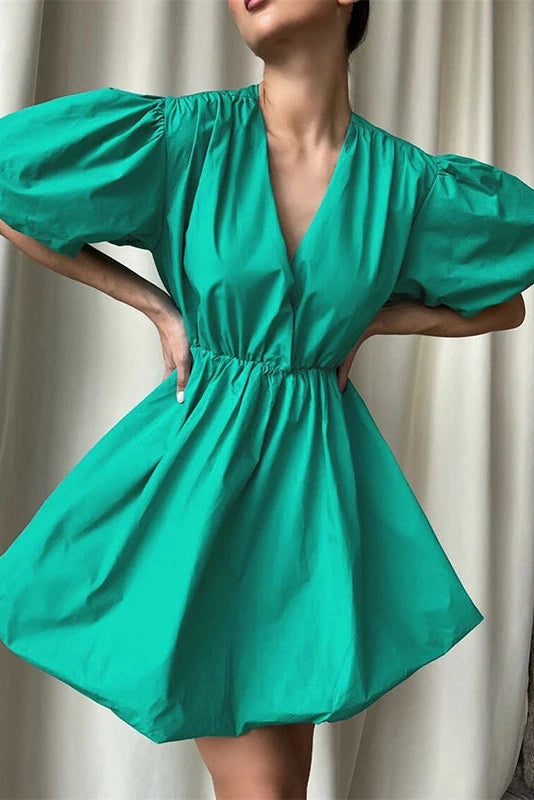 V-Neck Short Sleeves Mini Dress with Elastic Waist