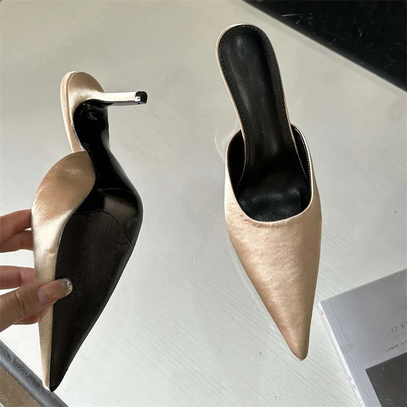 Spring Satins Pointed Toe Slippers Woman Thin Heels