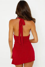 Halter Neck Deep V-Neck Ruched Bandage Bodycon Mini Dress