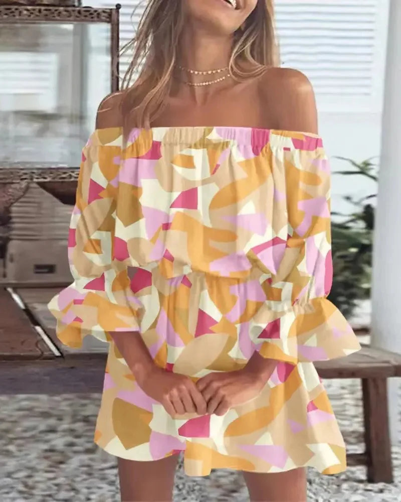 Off Shoulder Floral Print Bell Sleeve Elastic Waist Ruffle Cuff Mini Dress
