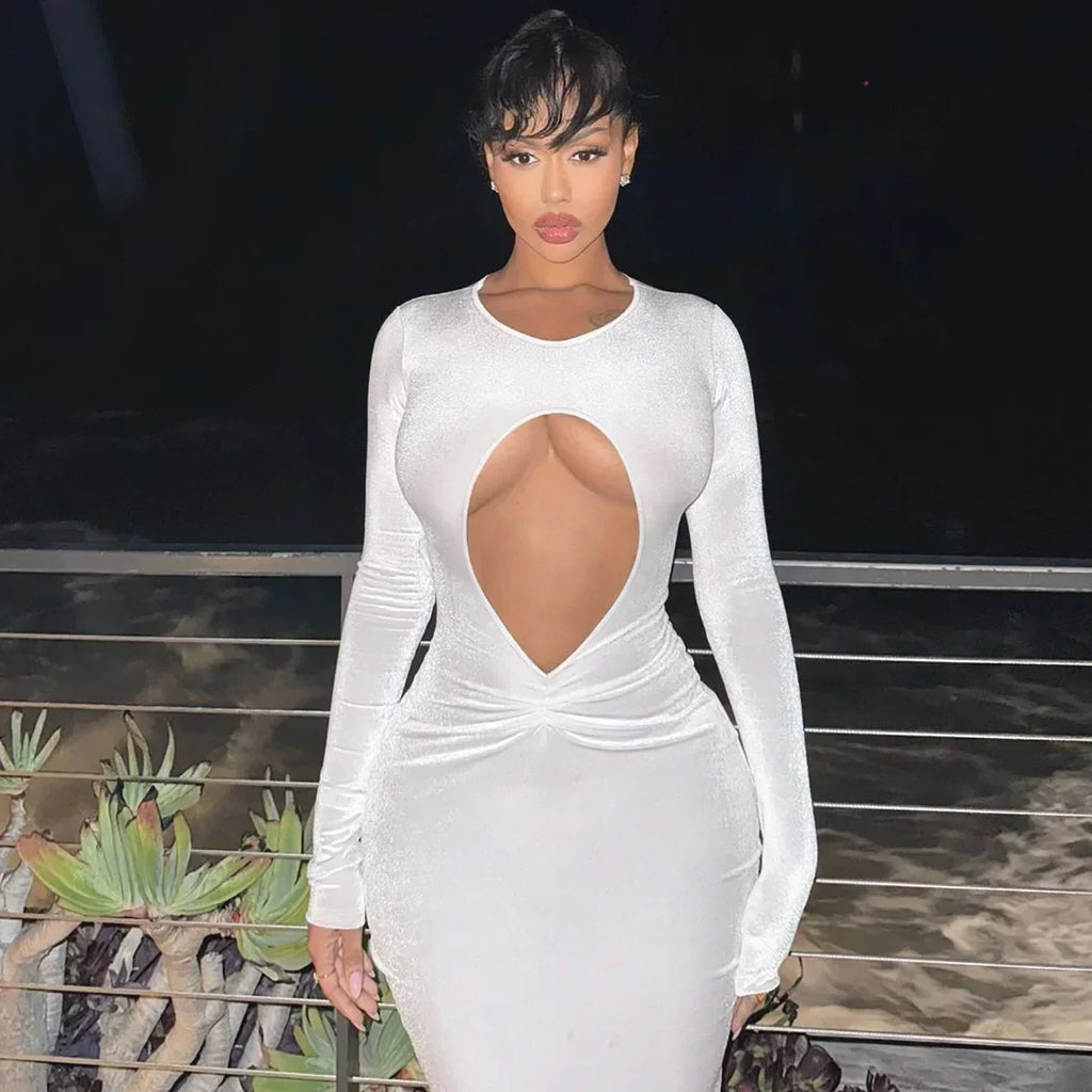 Long Sleeve Teardrop Keyhole Cutout Shimmer Knit Ruched Waist Midi Dress