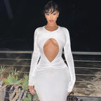 Long Sleeve Teardrop Keyhole Cutout Shimmer Knit Ruched Waist Midi Dress