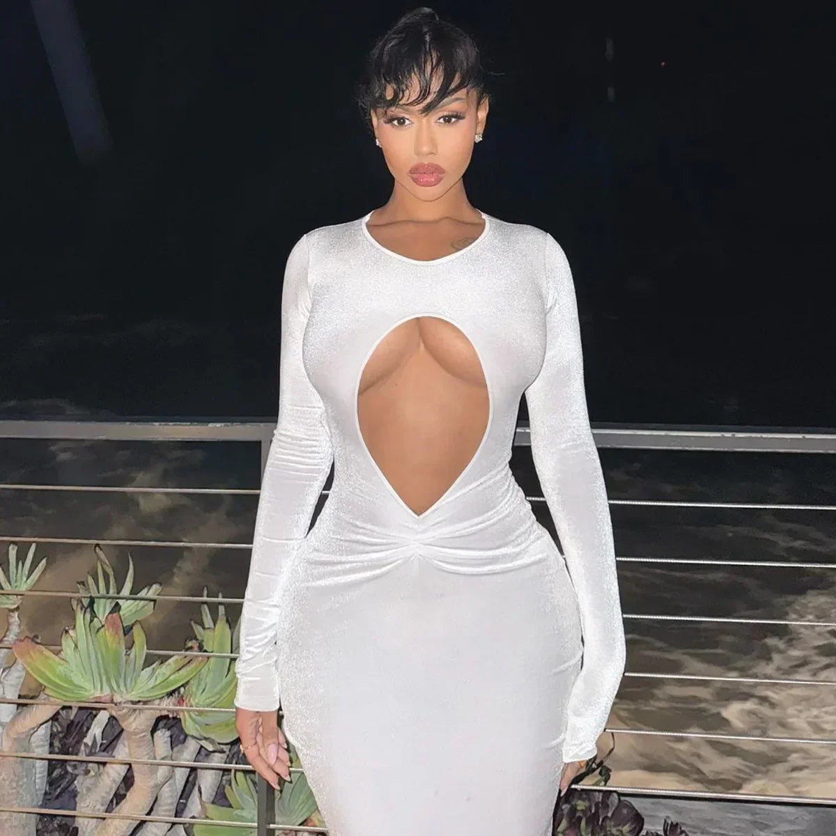 Long Sleeve Teardrop Keyhole Cutout Shimmer Knit Ruched Waist Midi Dress