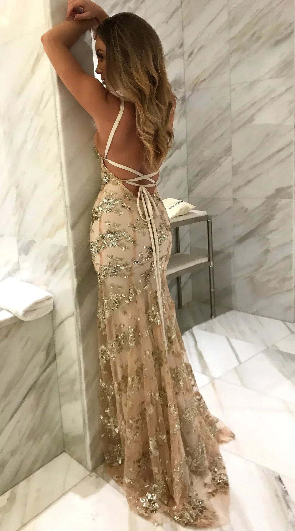 Floral Vine Sequin Plunging V-Neck Spaghetti Strap Bodycon Midi Dress