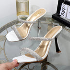 Wave point rhinestone slippers with 9.5CM high heels, open toe, perfect for outdoor wear.