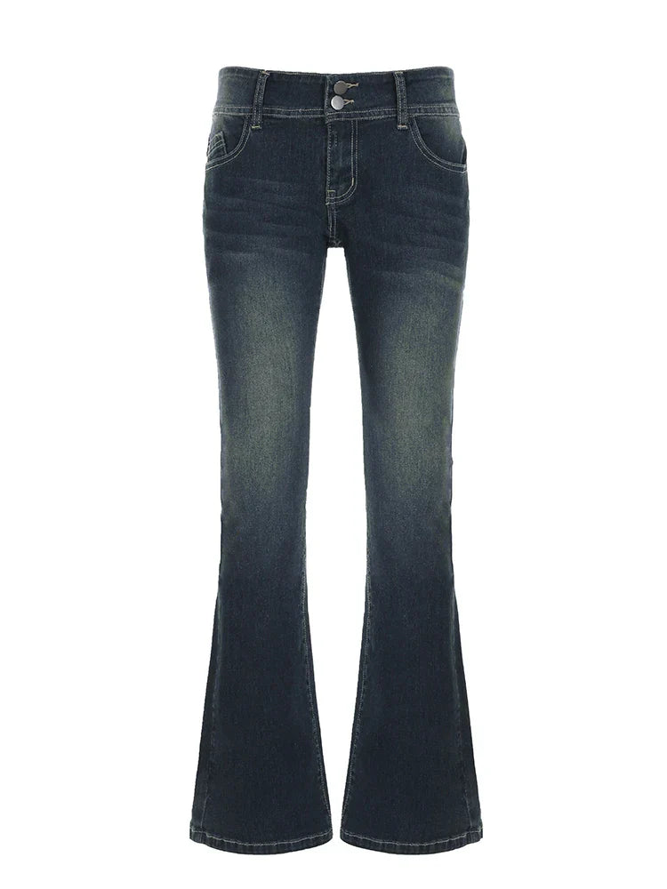 Vintage y2k Flared Jeans Retro Button-up Low Rise Casual Denim Pants Harajuku 2000s Trousers Basic Aesthetic Mom Jeans