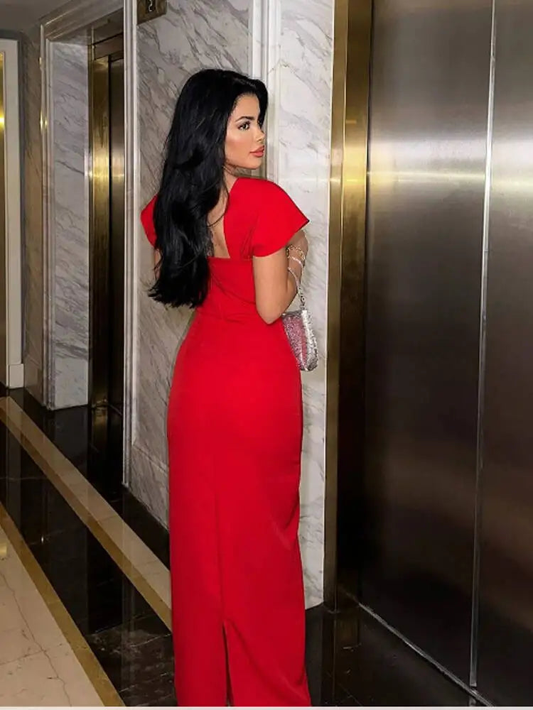 Rhinestone Square Neck Cap Sleeve Bandage Maxi Dress