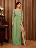 Cold Shoulder Bishop Sleeve Sequin Waist High Slit Chiffon Maxi Gown