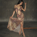 Mixed Print Halter Keyhole Cutout Scallop Trim Maxi Dress