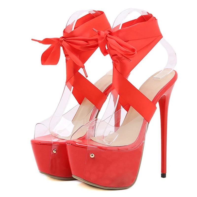 Red Lace-Up Platform Sandals Women 16.5 CM Transparent Shoes