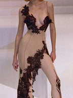 Lace Applique One Shoulder Panel Corset High Split Midi Dress