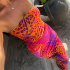 Abstract Tropical Print Strapless Bodycon Midi Dress