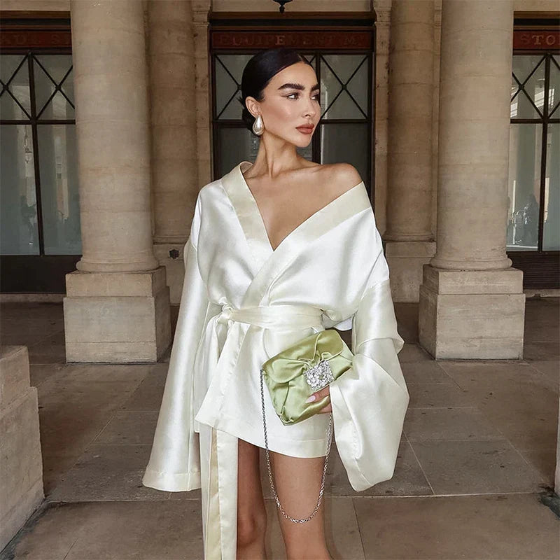 Satin Deep V Wrap Tie Waist Bell Sleeve Mini Dress