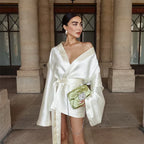 Satin Deep V Wrap Tie Waist Bell Sleeve Mini Dress