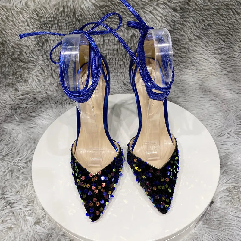 Sequined Pointy Toe High Heel Leg Strap Shoes