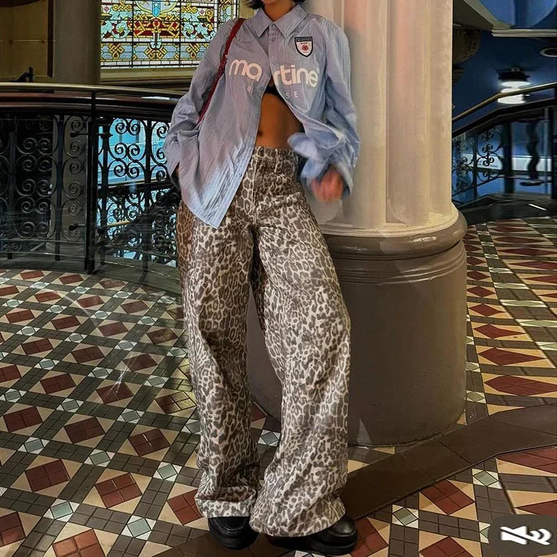 New Leopard Print Retro Straight Long Pants For Women Loose Slightly Flared Trousers Female Streetwear Club Party Pants