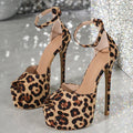 Leopard Print Ankle Buckle Strap Women Sandals with Sexy Peep Toe and Stiletto High Heels