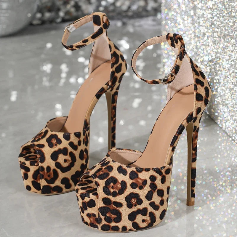 Leopard Print Ankle Buckle Strap Women Sandals with Sexy Peep Toe and Stiletto High Heels