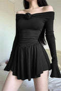 Off-Shoulder Long Sleeve Backless Mini Dress