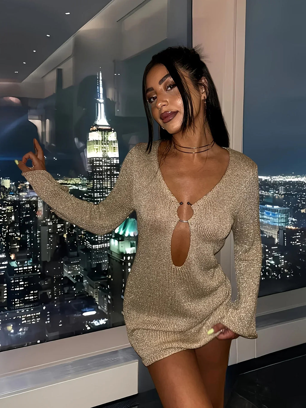 Deep V Ring Hardware Keyhole Metallic Knit Bell Sleeve Mini Dress