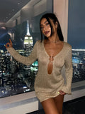 Deep V Ring Hardware Keyhole Metallic Knit Bell Sleeve Mini Dress