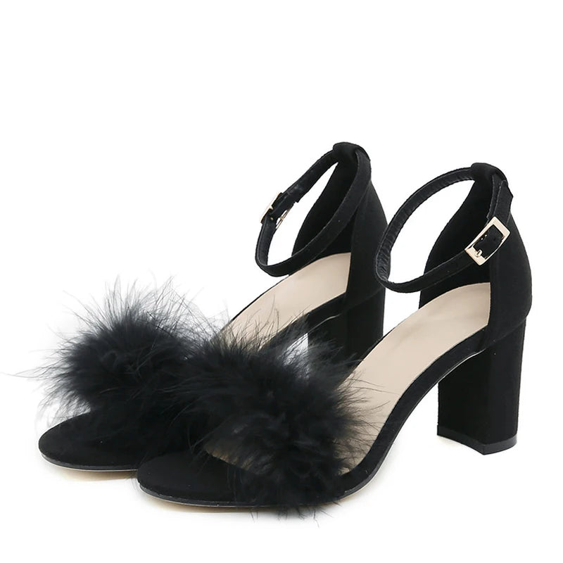 Summer Gladiator Sandals with Fluffy Peep Toe and Low Square High Heels for Women