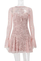 Elegant Lace Up Mini Dress with Long Sleeves and Slim Pleated Design
