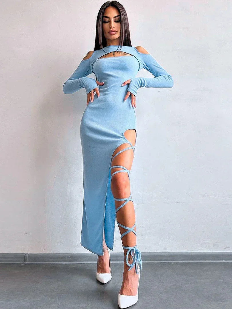 Ribbed Knit Mock Neck Keyhole Cold Shoulder Lace Up Leg Detail Midi Dress