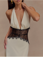 Halter Lace Panel Waist Deep V-Neck Satin Maxi Gown