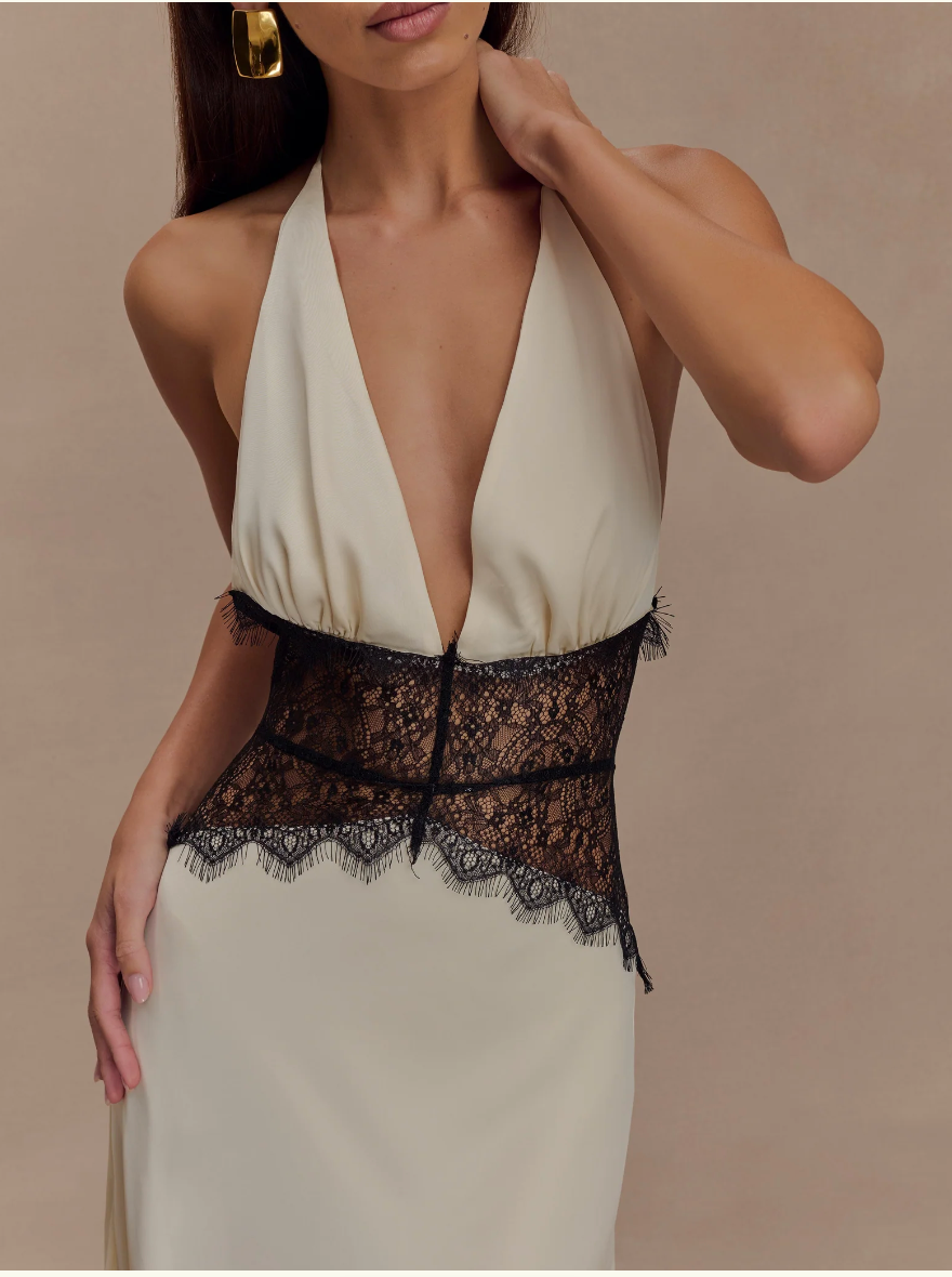Halter Lace Panel Waist Deep V-Neck Satin Maxi Gown