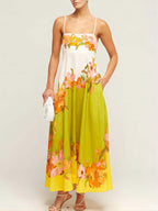 Tropical Hibiscus Print Spaghetti Strap Square Neck Pocket Maxi Dress