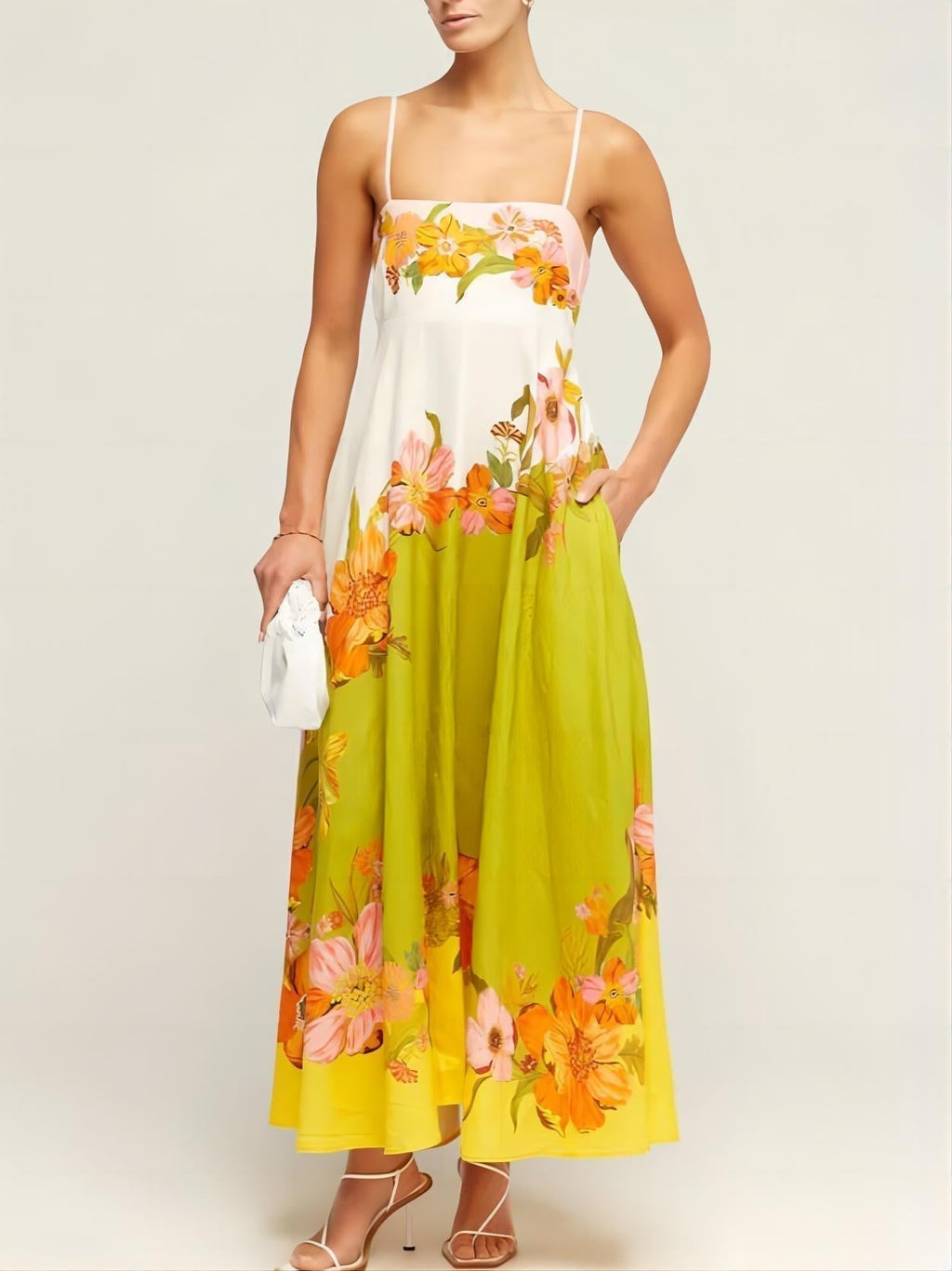 Tropical Hibiscus Print Spaghetti Strap Square Neck Pocket Maxi Dress
