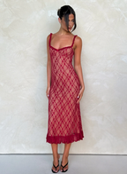 Sheer Lace Floral Overlay Scoop Neck Ruffled Hem Midi Slip Dress